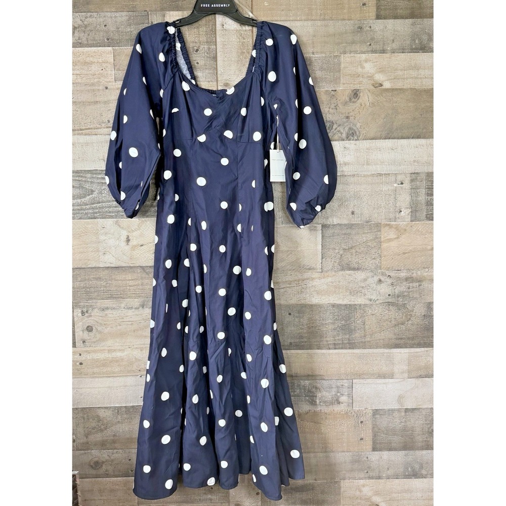 Free Assembly Size S 4-6 Maxi Dress Dark Navy & White Polka Dot Peasant‎ Boho !